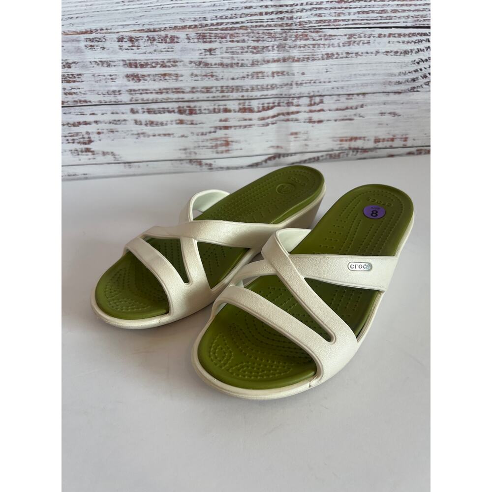 CROCS PATRICIA II WOMENS STRAPPY SLIP ON SANDALS WHITE GREEN SIZE 8